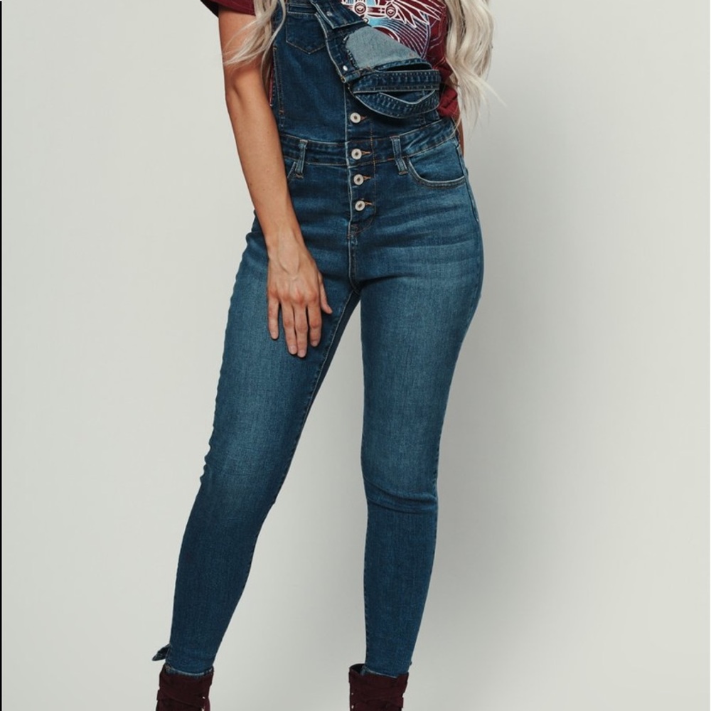 Kancan high rise stretch button down overalls